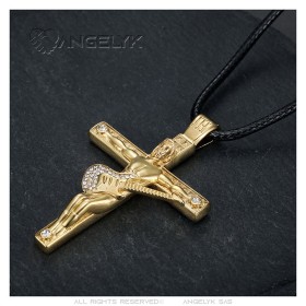 Johnny Hallyday Cross Guitar Pendant Stainless Steel Gold Sapphire28679